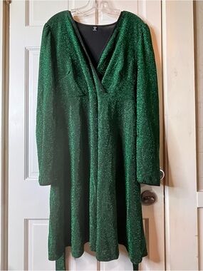 SHEIN Shimmering Forest Green Wrap Long Sleeve Dress